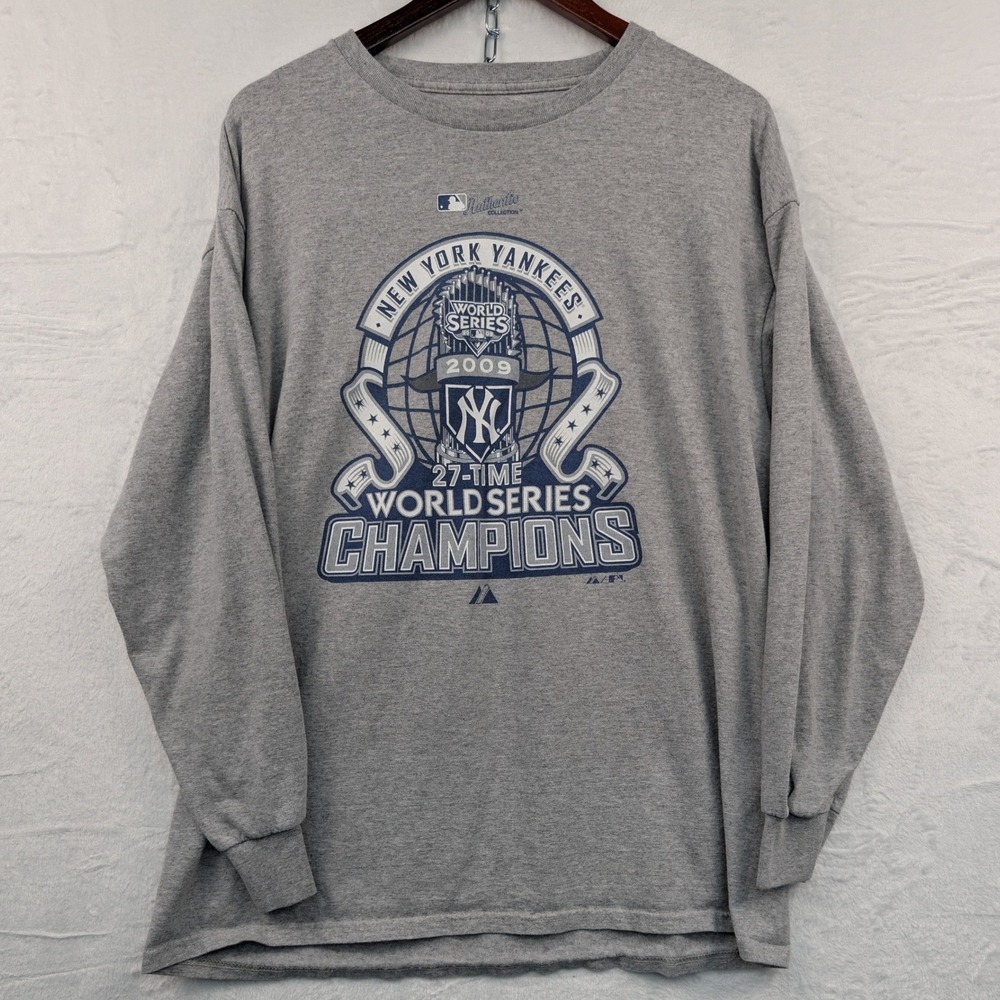 VTG NY Yankees Majestic T-Shirt Men's XL Gray 2009 World Series Champions Y2K